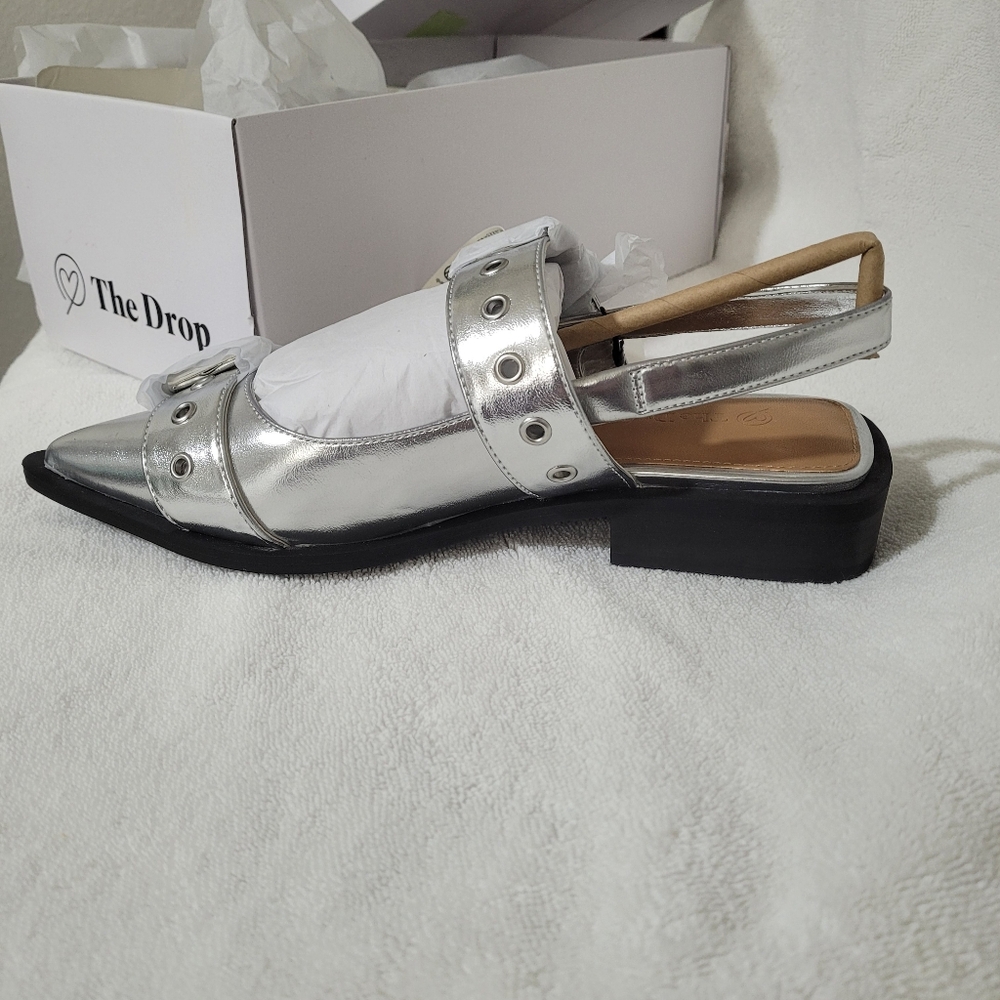 The Drop Evie Women's Silver Pointed Toe Slingback Buckle Detail Mules 7.5 NIB